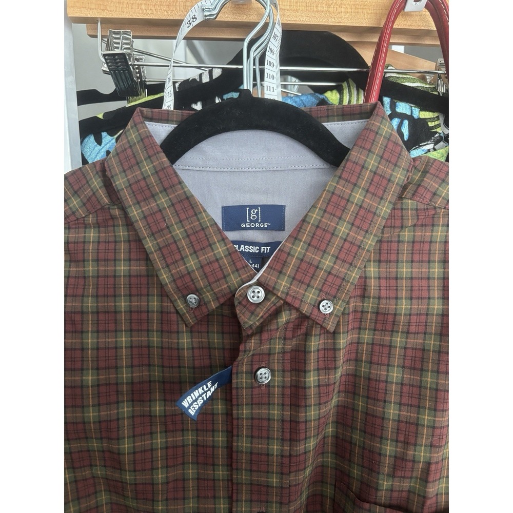 George NWT Classic Fit Button Down Dress Shirt Long Sleeve Stretch Poplin Plaid - Picture 7 of 9